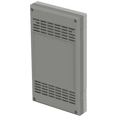 Un boîtier rectangulaire gris avec des fentes de ventilation en haut et en bas, des vis latérales visibles à tous les coins.