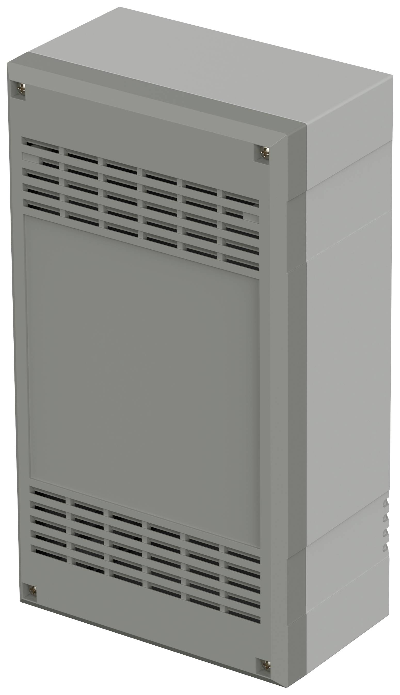 Boîtier métallique gris rectangulaire avec des fentes d'aération sur les côtés, probablement destiné à des appareils techniques ou à des composants électroniques.