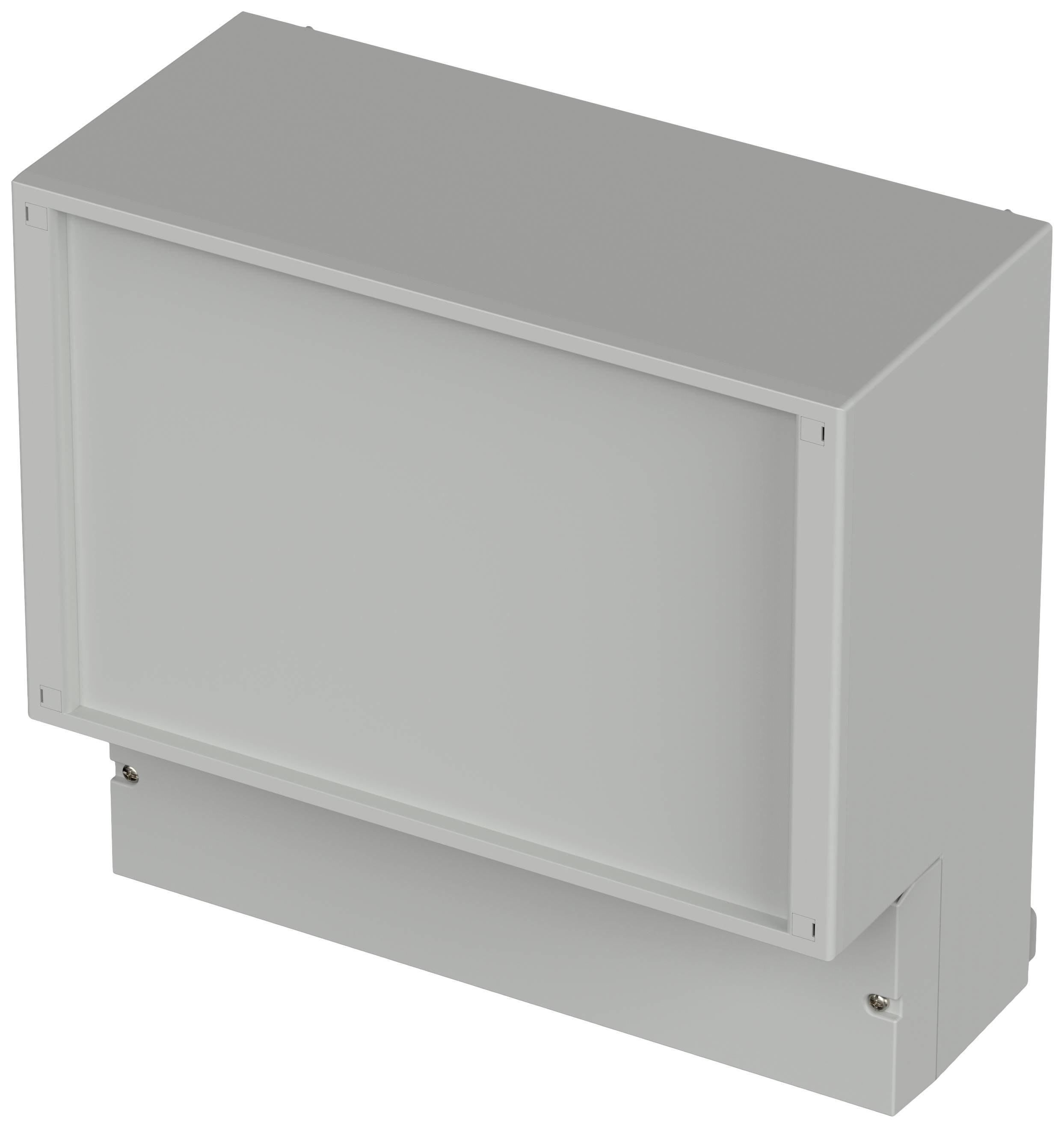 Un boîtier électronique rectangulaire gris avec un couvercle amovible, adapté au montage mural, présente une construction robuste pour diverses applications.