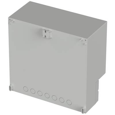 Boîtier gris rectangulaire comportant plusieurs ouvertures sur sa face inférieure, utilisé pour les installations électriques.