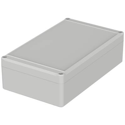 Boîtier en plastique gris rectangulaire à surface lisse et angles arrondis, adapté aux composants électroniques.