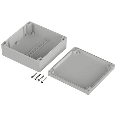 Boîtier en plastique, composé de deux parties avec un couvercle et un fond, montrant quatre vis fournies pour le montage.