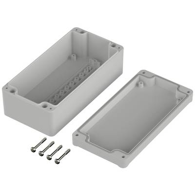 Boîte rectangulaire en plastique gris-blanc avec un couvercle amovible et quatre vis, probablement un boîtier pour composants électroniques.