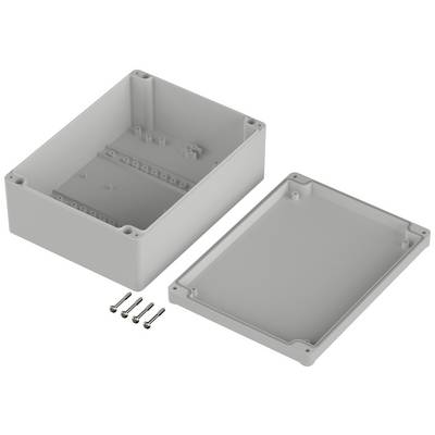 Boîtier en plastique gris avec couvercle amovible et quatre vis, présenté ouvert.