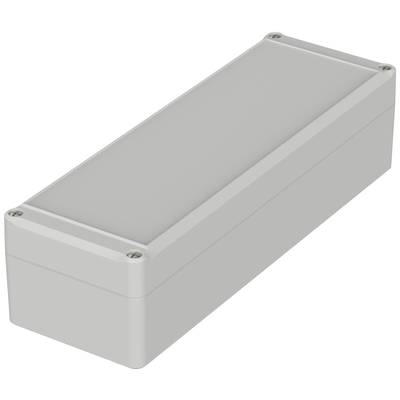 Boîtier rectangulaire en plastique gris avec des vis aux angles ; utilisé pour le montage et la protection de composants électroniques.