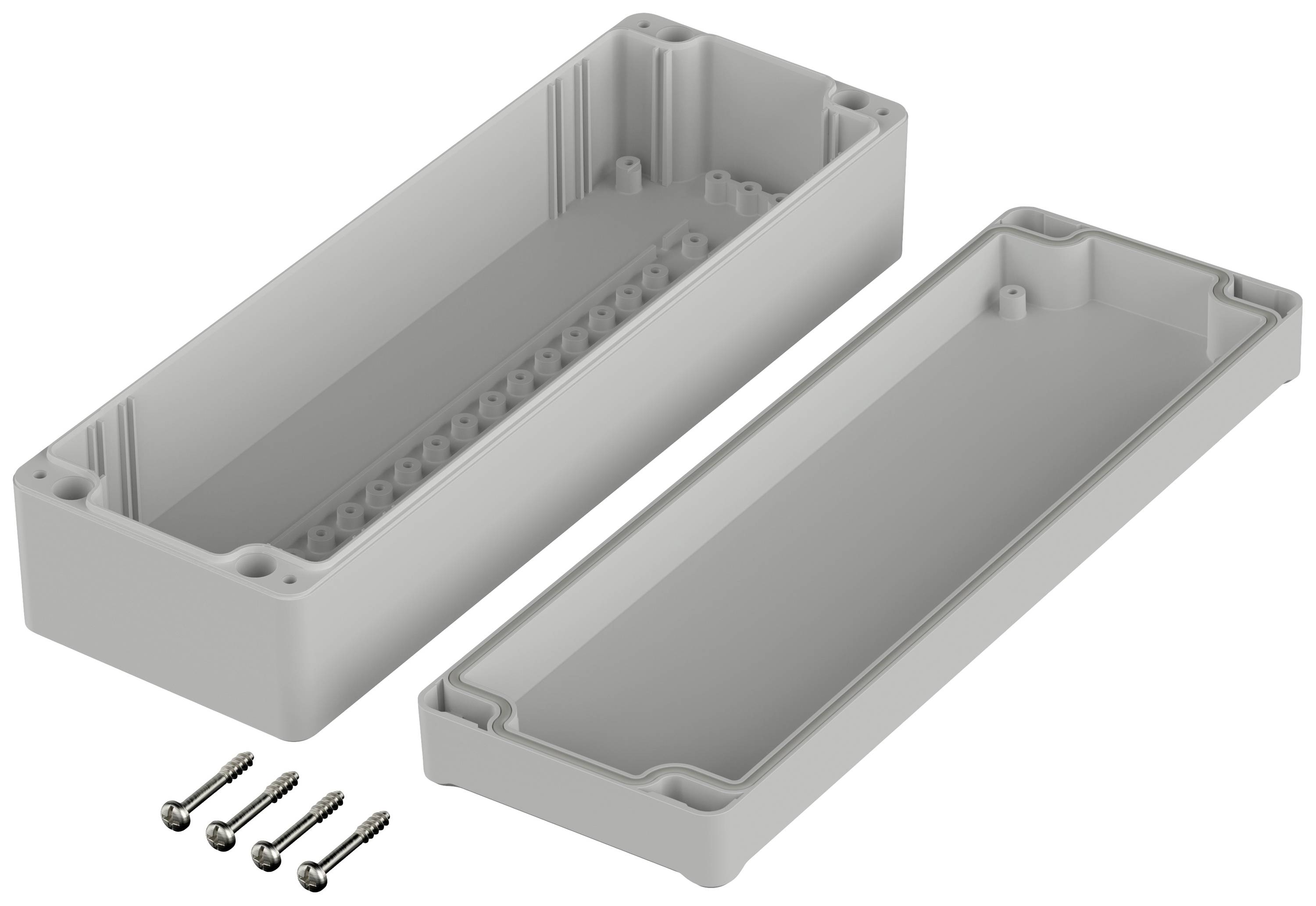 Boîtier rectangulaire gris en plastique, divisé en deux parties. Quatre vis sont disposées à côté.