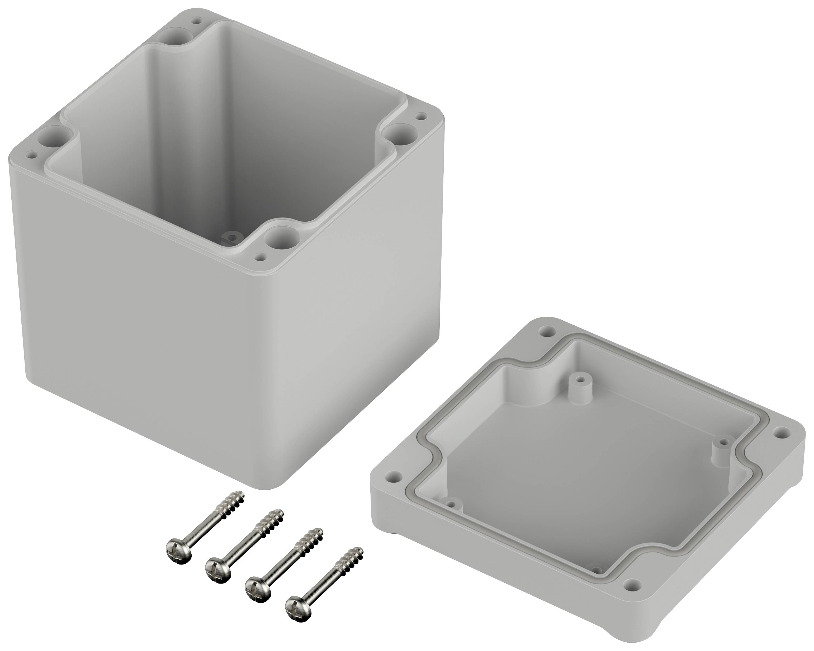 Boîtier rectangulaire gris en plastique, composé de deux parties et fixé par quatre vis. Il est fréquemment utilisé pour loger et protéger des composants électroniques.