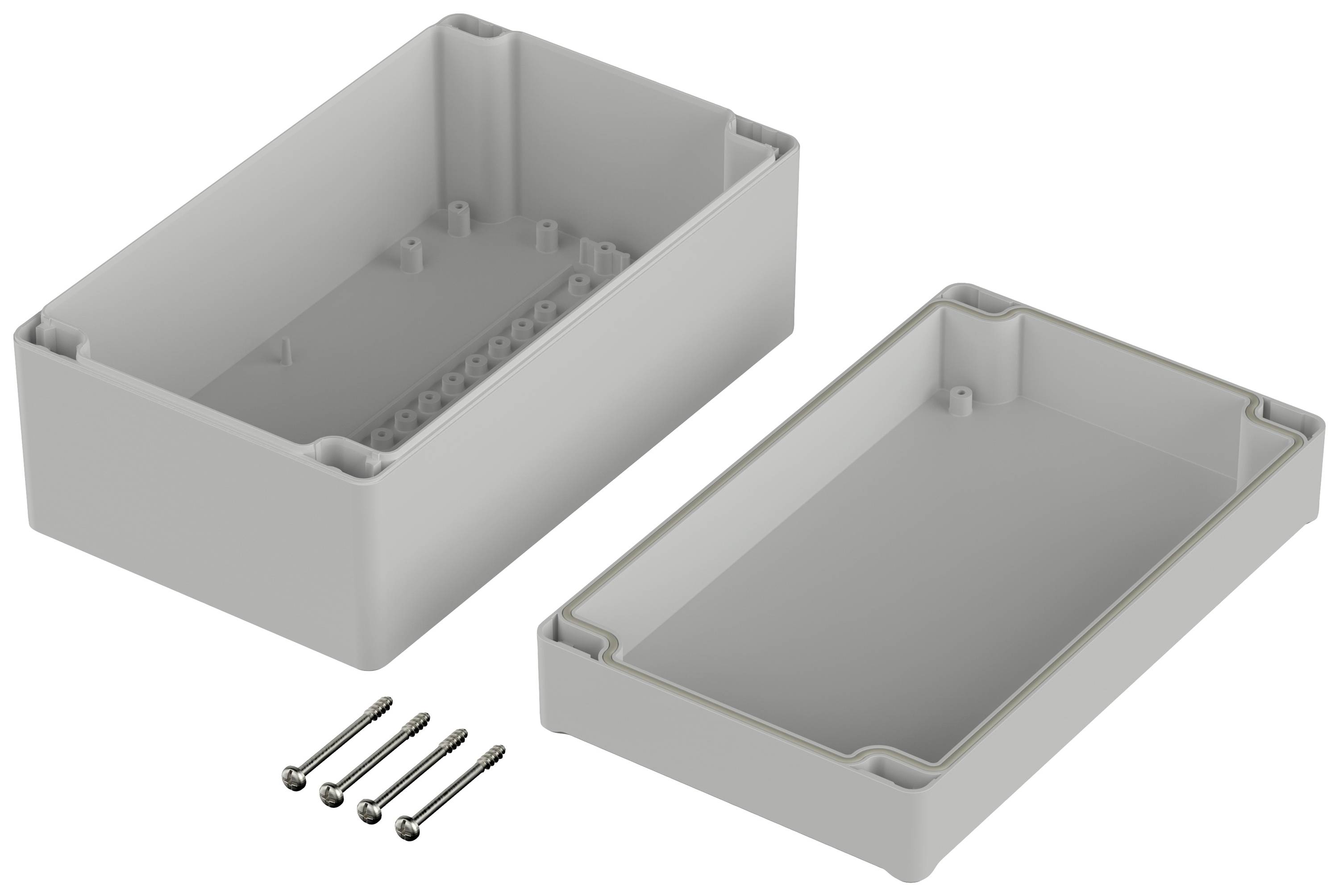 Boîtier gris avec couvercle amovible, montrant l'intérieur et incluant quatre vis. Des spécifications sont disponibles.