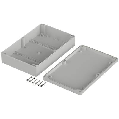 Boîtier en plastique de forme rectangulaire, ouvert en deux moitiés avec des vis.