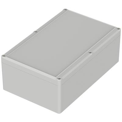 Boîtier gris rectangulaire avec des vis aux coins ; probablement un boîtier électronique pour des appareils ou des installations.