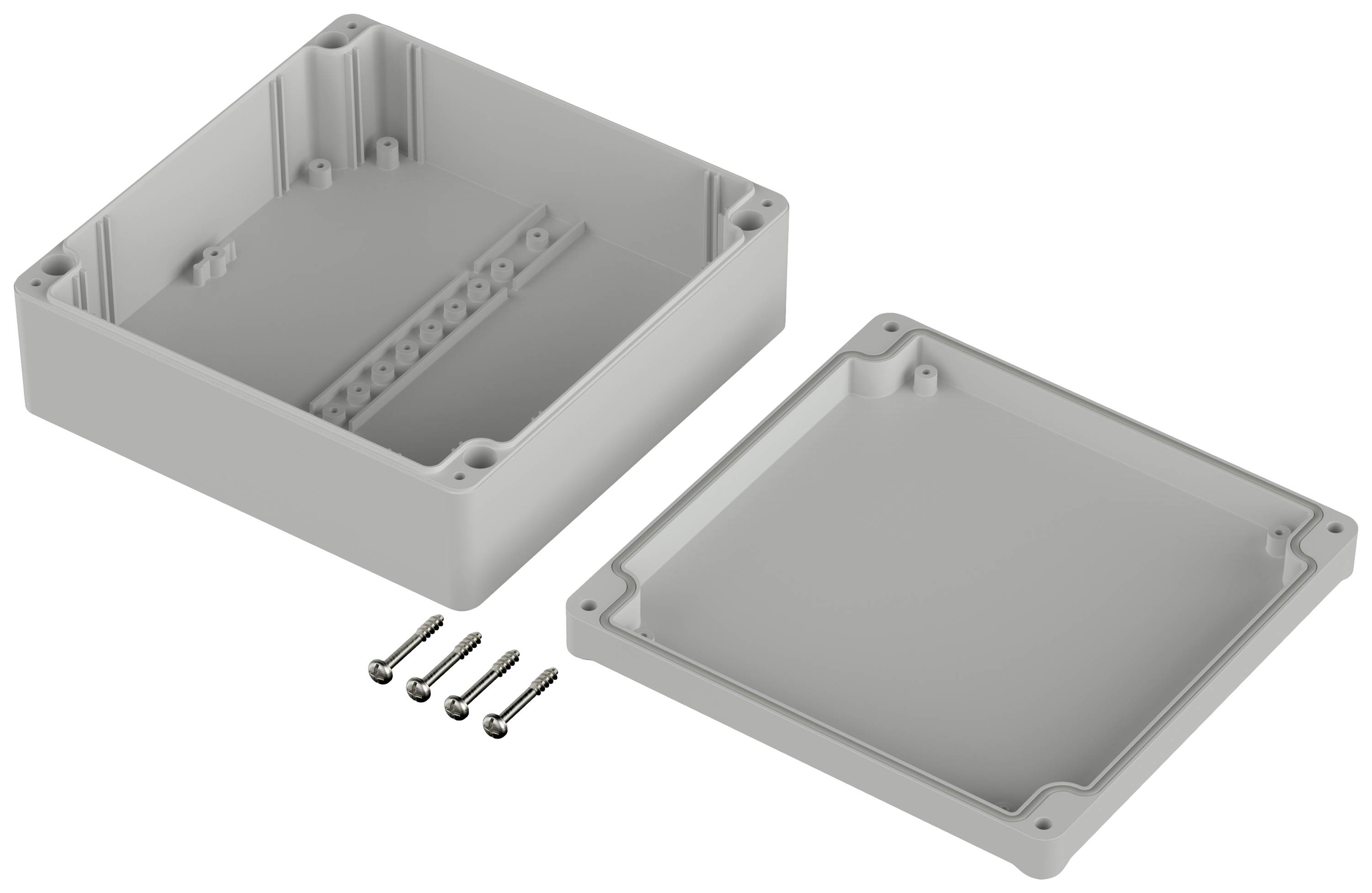 Pièces de boîtier en plastique de forme rectangulaire avec quatre vis. La partie supérieure et inférieure sont présentées, prêtes à être assemblées.