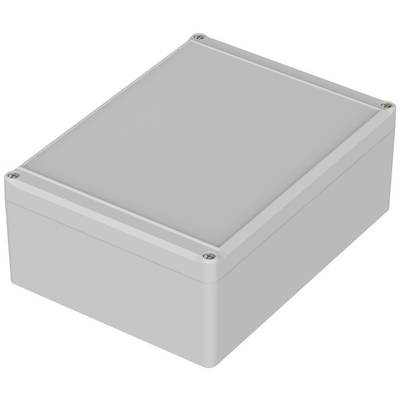 Un boîtier rectangulaire gris, probablement en plastique, avec des coins arrondis et des vis à chaque angle du couvercle.