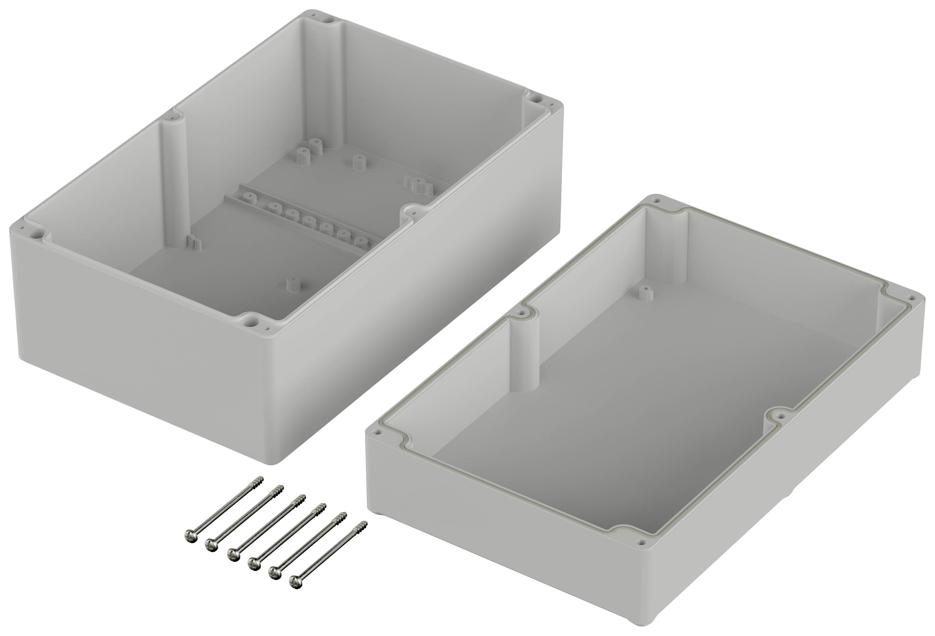 Ensemble de boîtier en plastique gris, composé d'une partie inférieure et supérieure, ainsi que de six vis. Adapté au montage de composants électroniques.
