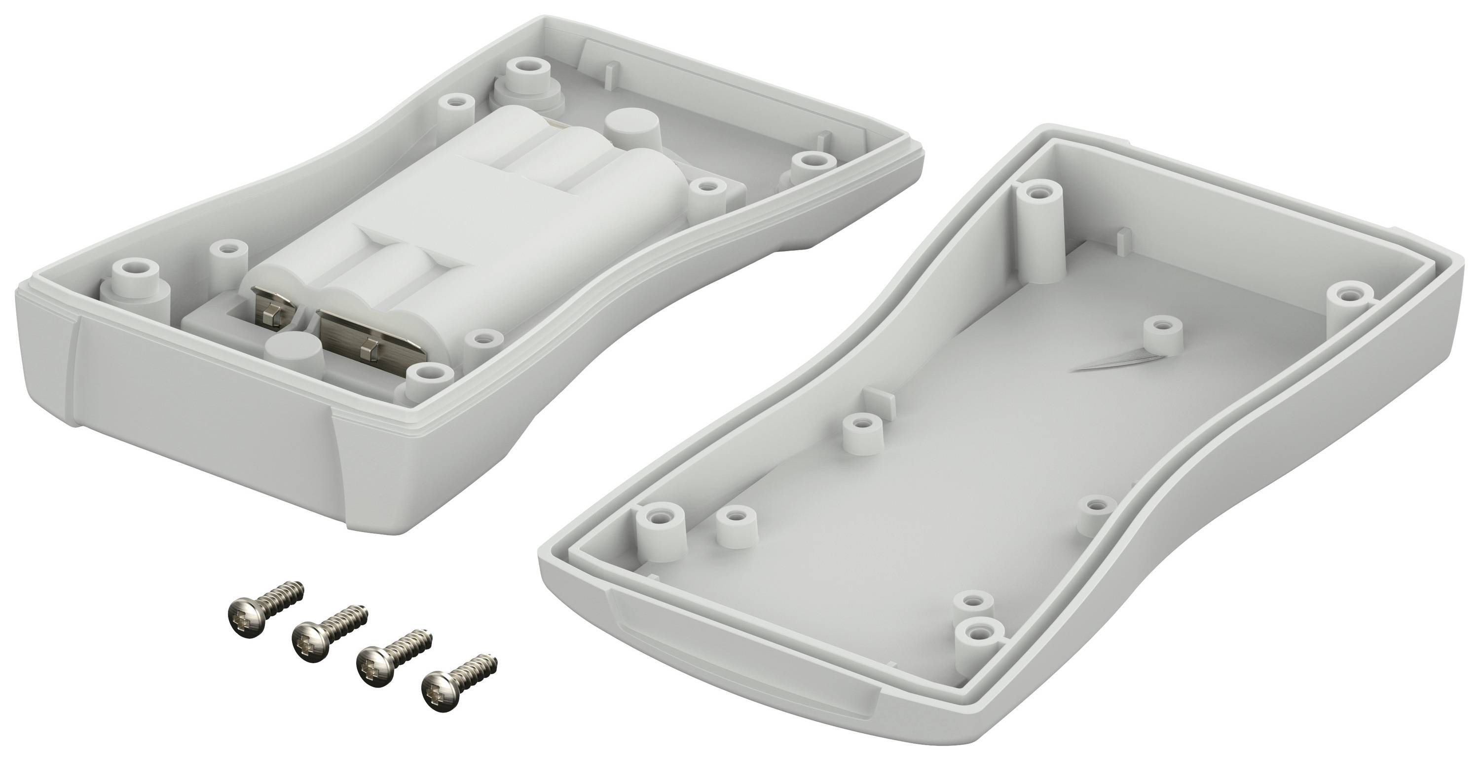 Boîtier en plastique gris en deux parties, ouvert, avec quatre vis à côté. Adapté pour les appareils électroniques ou les projets de bricolage.