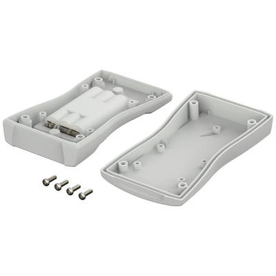 Boîtier en plastique gris en deux parties, ouvert, avec quatre vis à côté. Adapté pour les appareils électroniques ou les projets de bricolage.