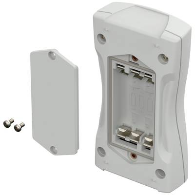 Un boîtier électrique blanc avec un couvercle ouvert et deux vis à côté. Il montre les fixations intérieures pour une connexion enfichable.