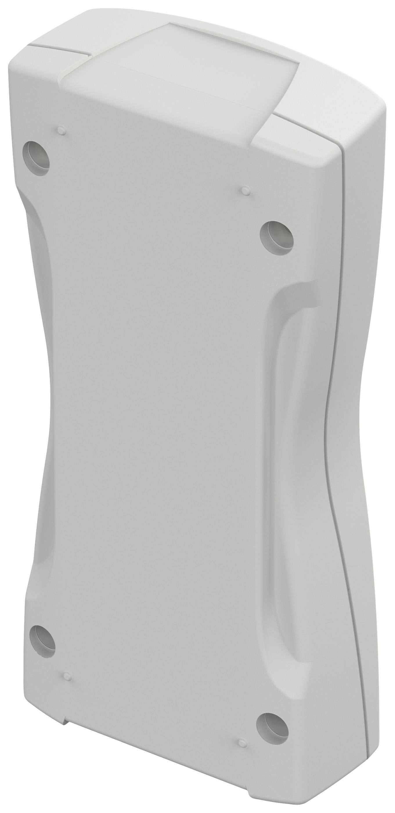 Un boîtier en plastique blanc, rectangulaire, avec des angles arrondis et des trous de fixation dans les coins, orienté verticalement.