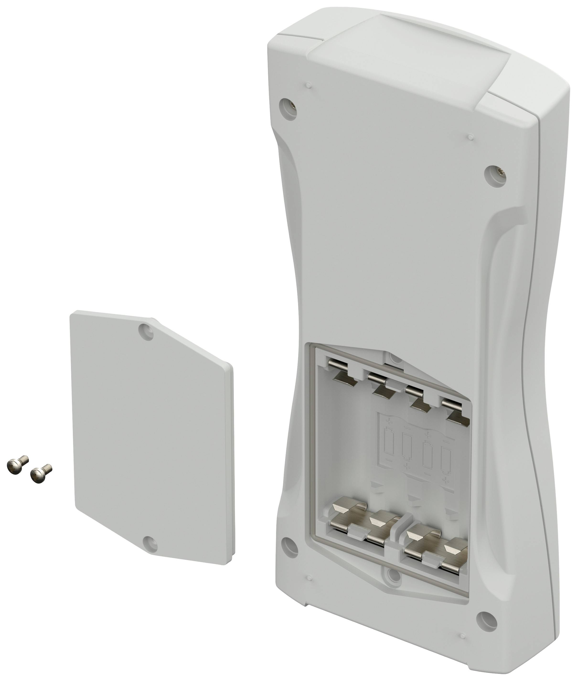 Un boîtier en plastique blanc rectangulaire, dont le couvercle arrière a été retiré, présente quatre compartiments pour piles. Deux vis sont posées à côté.