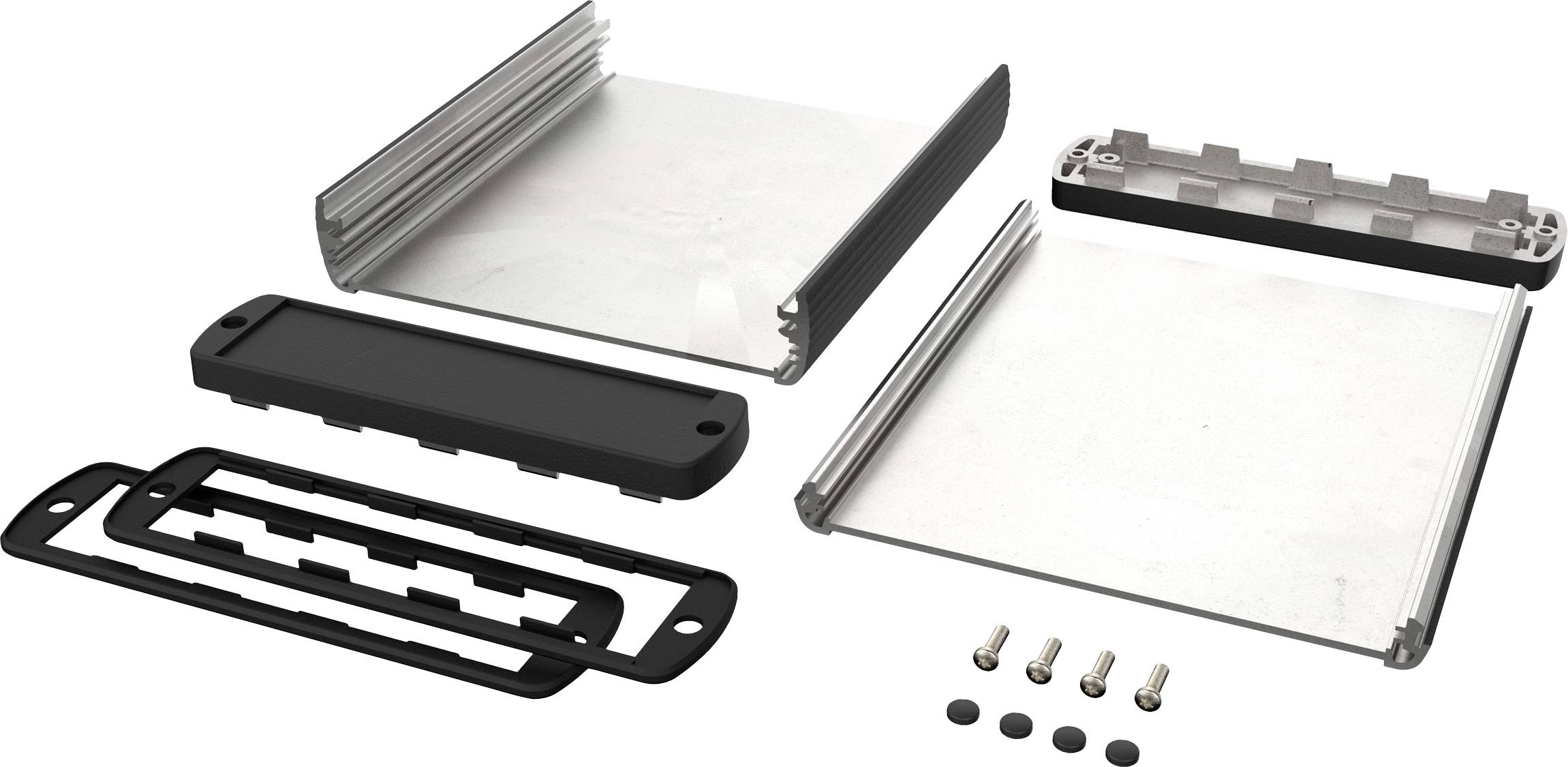 Boîtier en aluminium décomposé avec couvercles, vis et joints, adapté à la protection des composants électroniques.