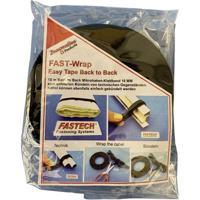 Emballage en plastique avec bande auto-agrippante. Impression : « FAST-Wrap Easy Tape Dos à Dos ». Illustrations des différentes possibilités d'utilisation du ruban.