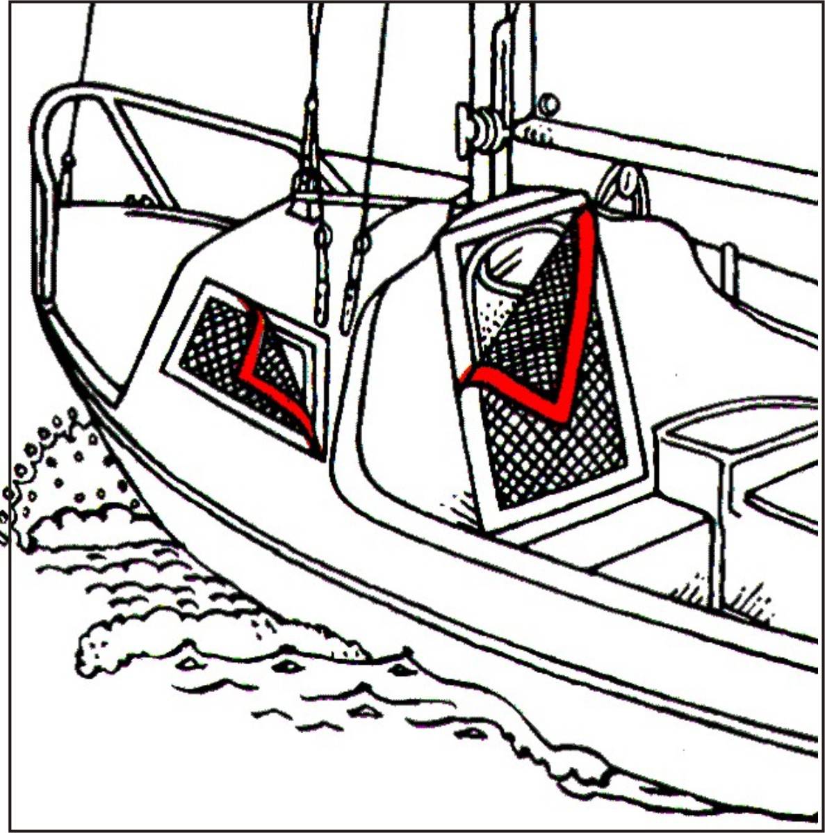 L'image montre un gros plan du pont d'un bateau avec deux verrous rouges fixés sur les hublots de cabine. Au premier plan, l'eau éclabousse légèrement la coque.