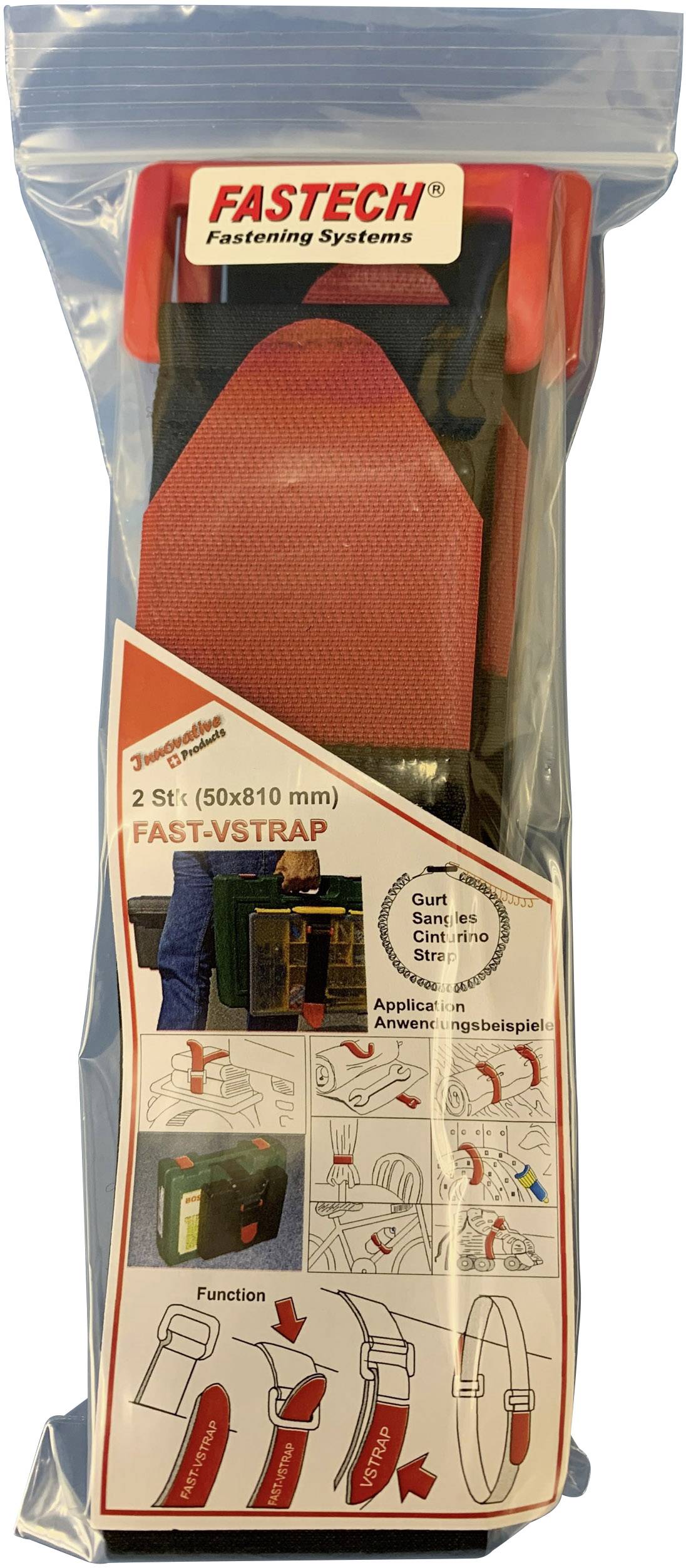FASTECH® 906-810-Bag Klettband mit Gurt Haft- und Flauschteil (L x B) 810mm x 50mm Schwarz, Rot 2St.