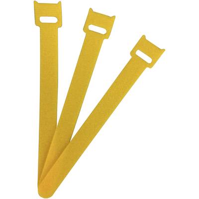 Trois attaches de câble à fermeture à bande auto-agrippante jaunes, disposées côte à côte, pour l'organisation des câbles.