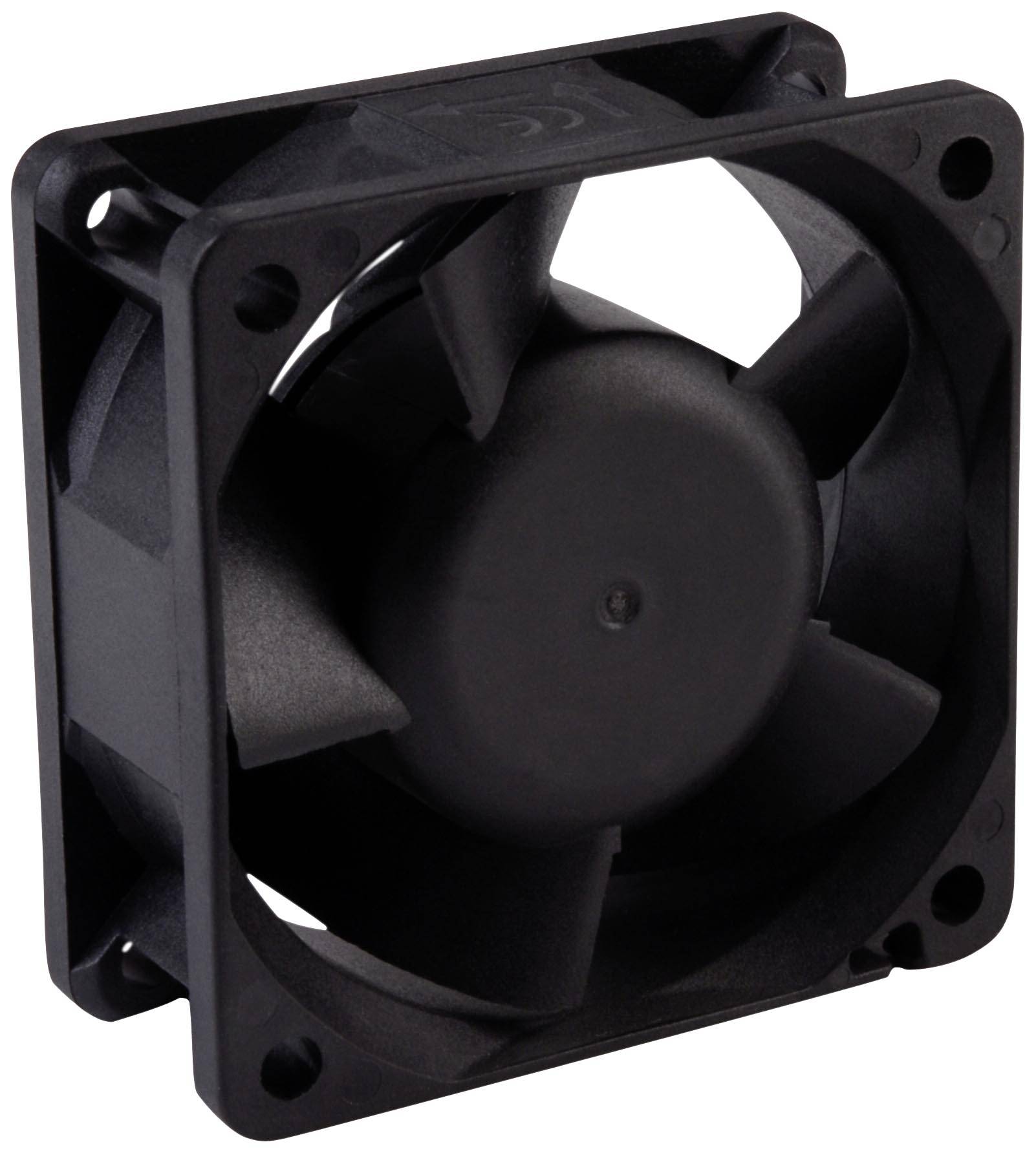 Un ventilateur d'ordinateur noir avec un cadre carré et cinq pales de rotor.