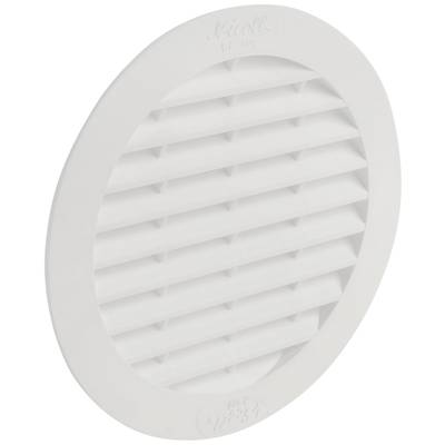 Un grille de ventilation blanc, rond, en plastique avec des lamelles horizontales, adapté à la ventilation et à la circulation de l'air dans les bâtiments.