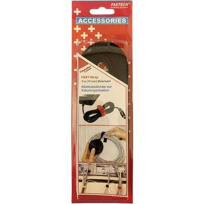 Emballage de 'FAST-Strap Serre-câbles auto-agrippant'. Contient 5 m de matériau auto-agrippant pour l'organisation des câbles. Câble illustré fixé avec un serre-câbles auto-agrippant.