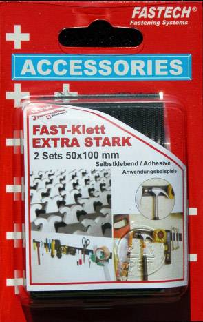 Emballage de FAST-Klett Extra Fort, 2 Ensembles 50x100 mm, autocollant. Contient des exemples d'applications telles que le rangement d'outils.