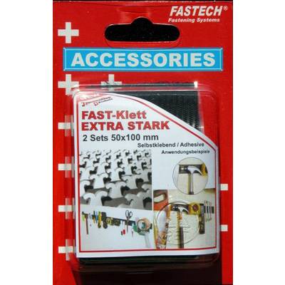Emballage de FAST-Klett Extra Fort, 2 Ensembles 50x100 mm, autocollant. Contient des exemples d'applications telles que le rangement d'outils.