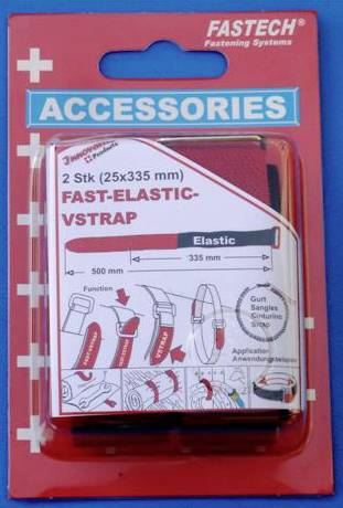Emballage avec bande élastique de 'Fastech' en taille 25x335 mm, adaptée pour les ceintures. L'emballage présente des exemples d'utilisation.