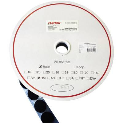 Grande bobine de plastique avec bandes auto-agrippantes. Au centre, inscrit '25 mètres' et le logo/site web de FASTECH. Options de sélection X Hook, X Loop.