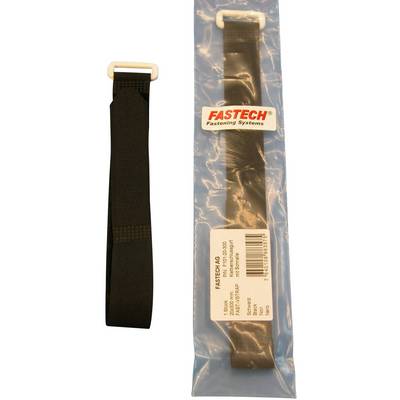 'Collier de câble noir avec boucle métallique, conditionné dans un étui en plastique bleu, portant le logo Fastech et les détails du produit sur une étiquette.'