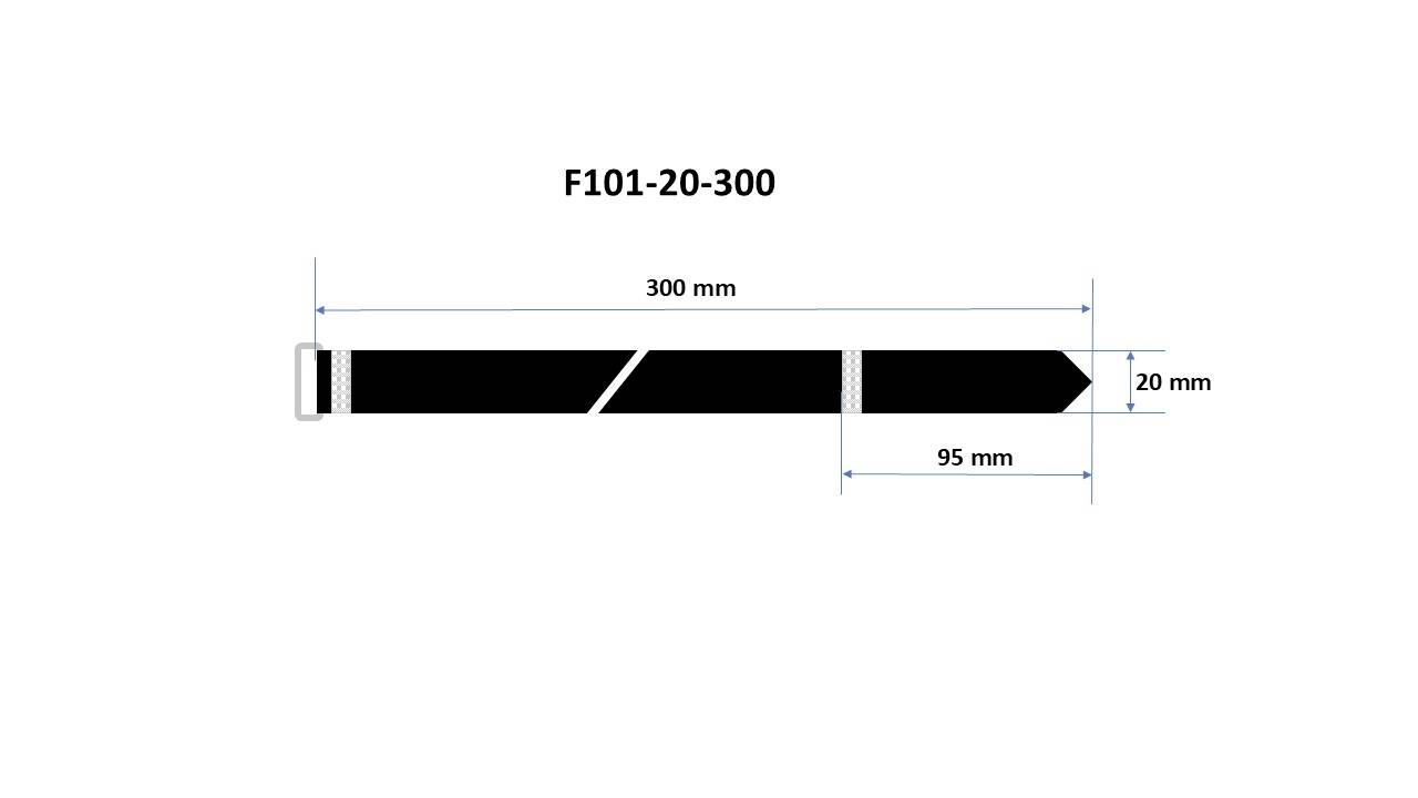 La figure montre un composant rectangulaire de 300 mm de long avec deux marquages à 95 mm et 20 mm, désigné comme 'F101-20-300'.
