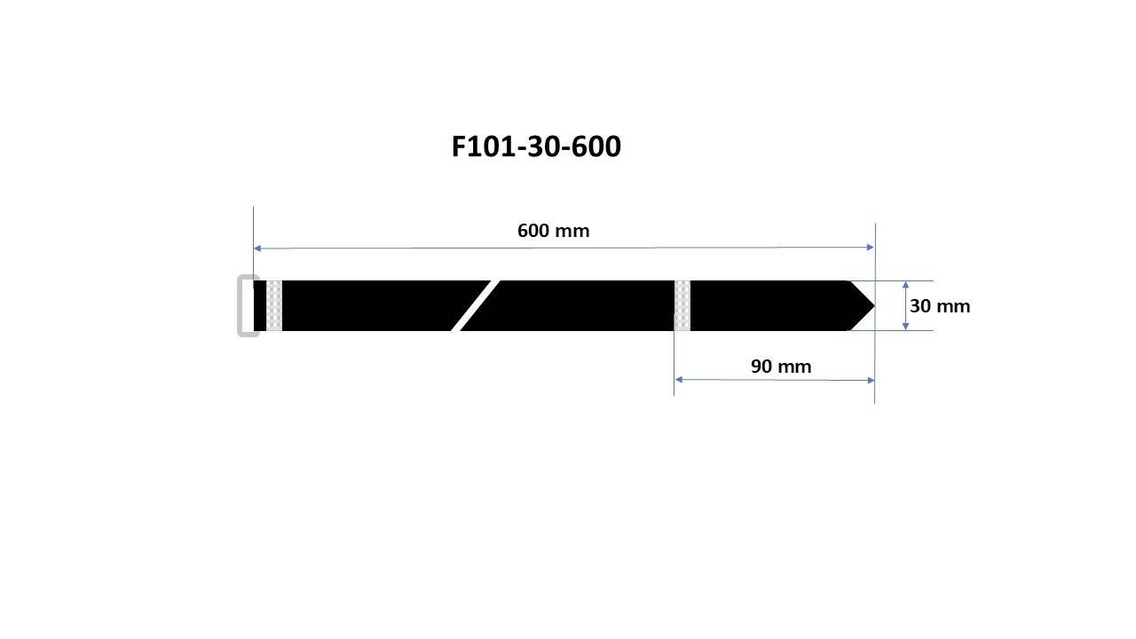 L'objet représenté est un objet noir et allongé, mesurant 600 mm de long, 30 mm de large et présentant une extrémité biseautée de 90 mm. Désignation : 'F101-30-600'.