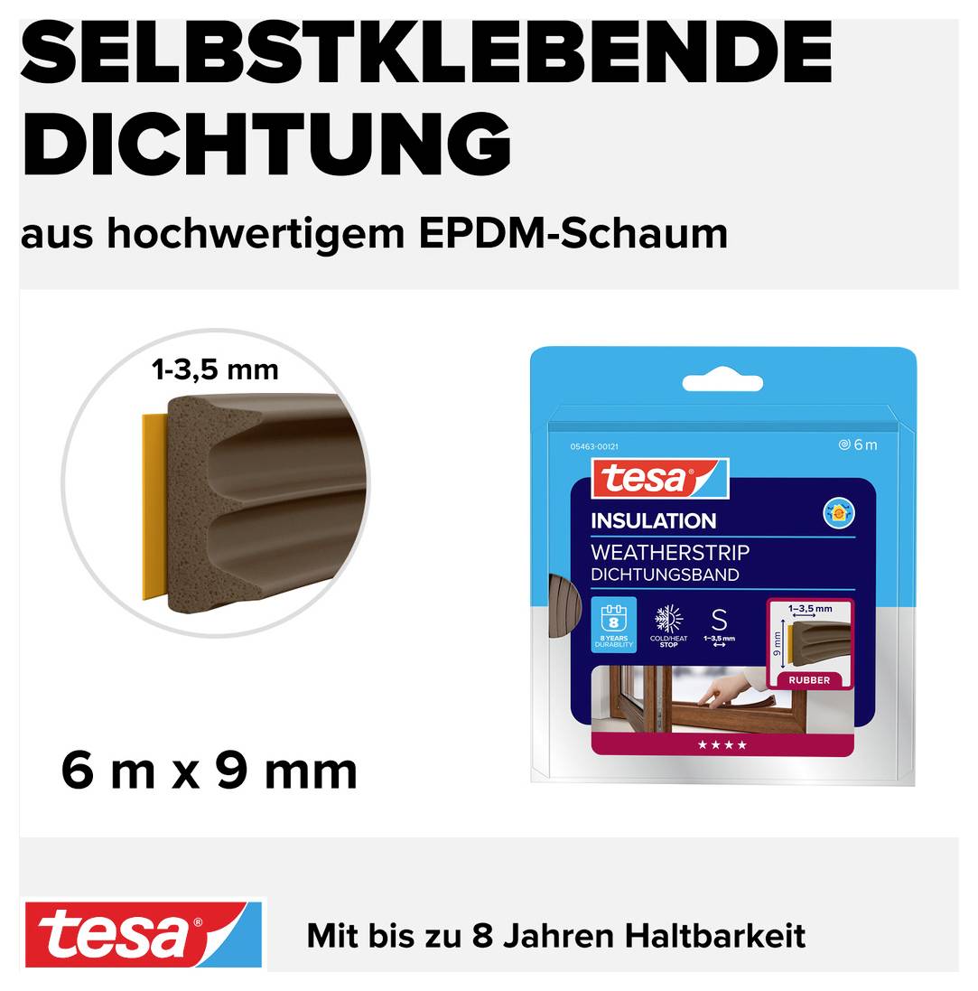 Sceau adhésif en mousse EPDM de haute qualité, 6 m x 9 mm, avec une durabilité allant jusqu'à 8 ans. Adapté aux portes et fenêtres.