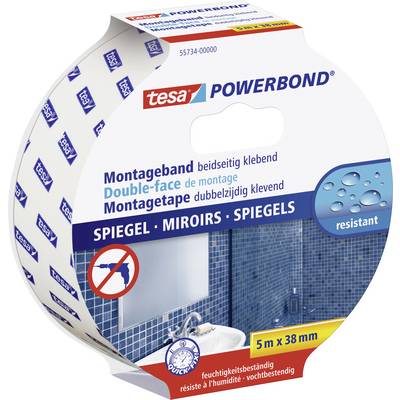 Rouleau de ruban adhésif 'tesa POWERBOND' pour la fixation de miroirs. Dimensions : 5 m x 38 mm. L'emballage montre un miroir installé.