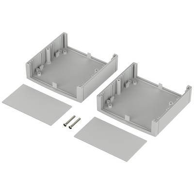Éléments de boîtier divisés en deux moitiés, chacune avec une plaque de couverture et deux vis.