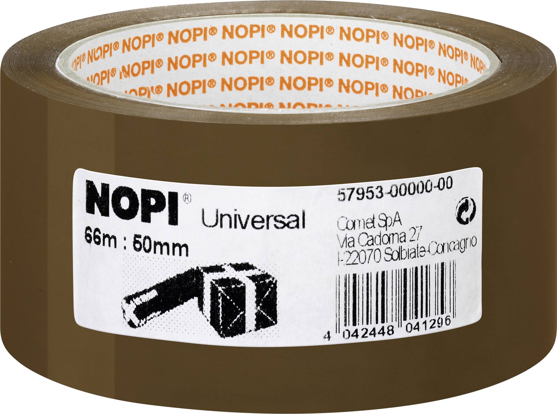 Ruban adhésif marron portant l'inscription « NOPI Universal, 66m, 50mm ». L'étiquette affiche un code-barres et l'adresse du fabricant.