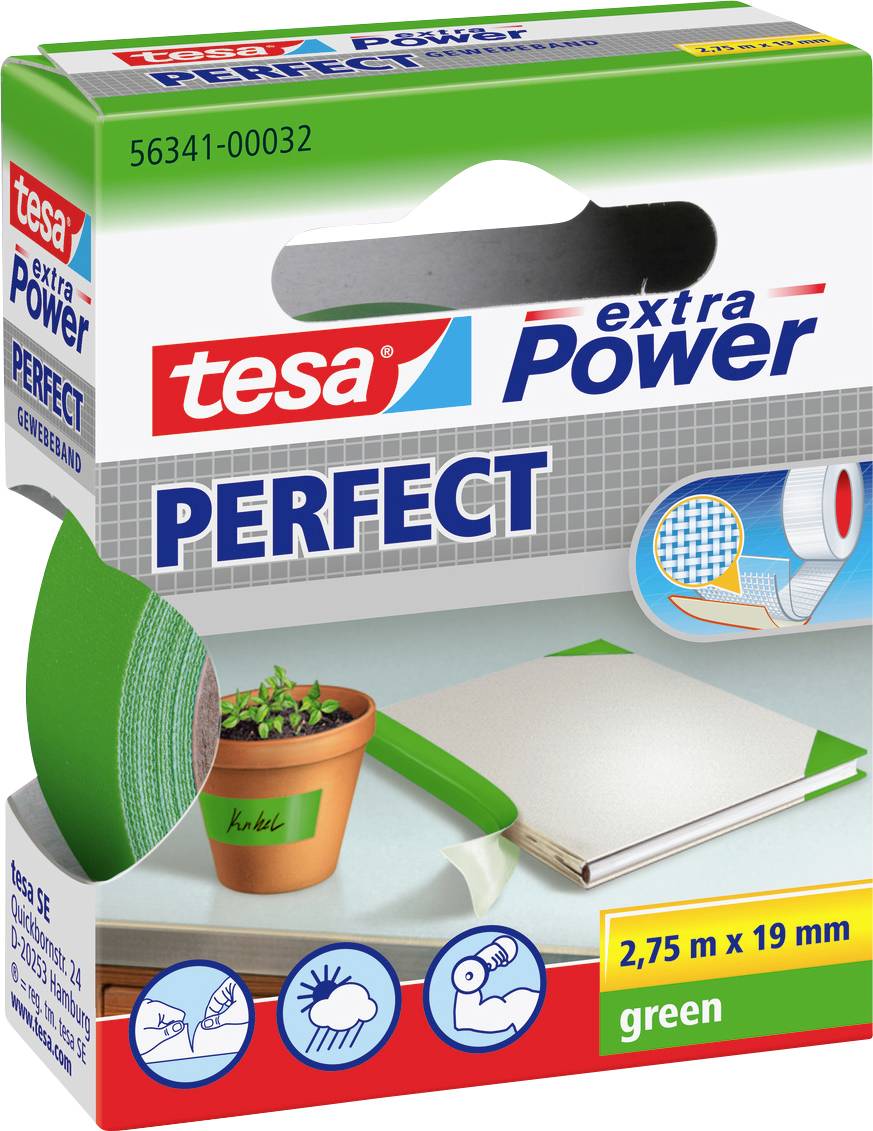 L'emballage du ruban adhésif 'Tesa extra Power Perfect' présente un rouleau de ruban vert et des illustrations montrant son utilisation sur des surfaces telles que des pots, du papier et pour le scellement.