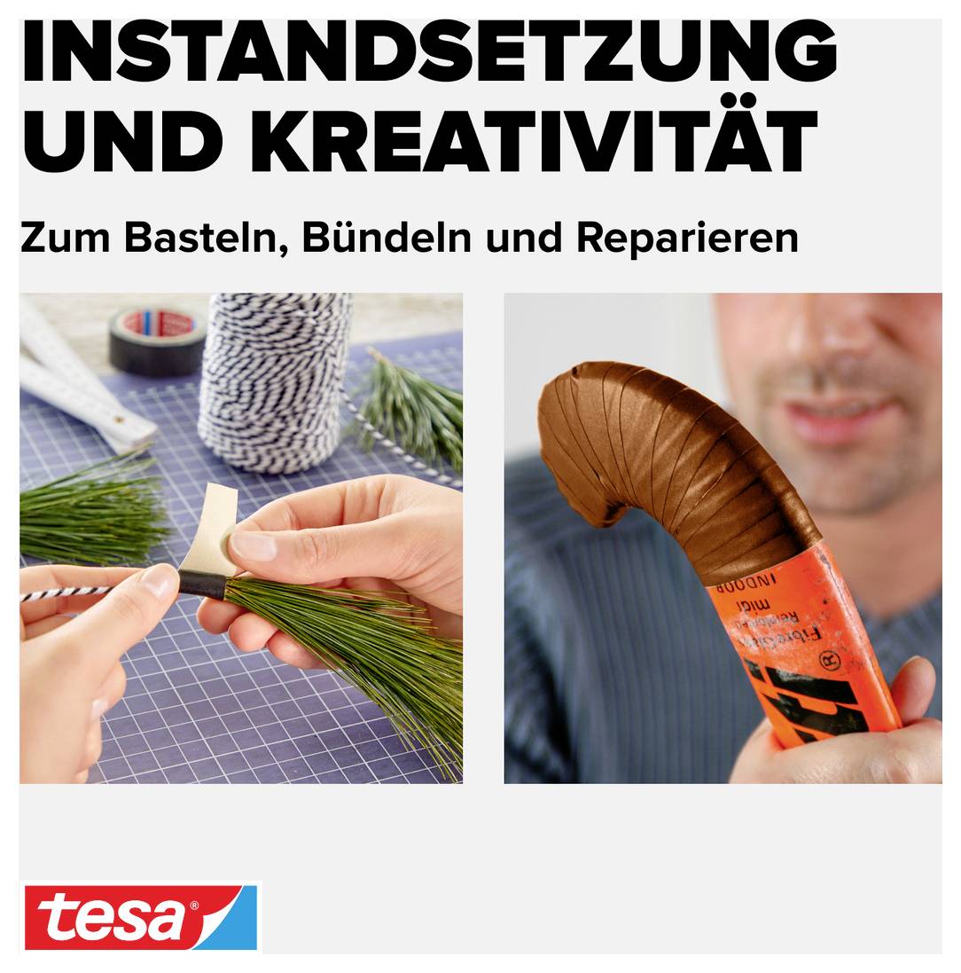 Deux images : À gauche, quelqu'un qui attache des tiges de plantes avec du ruban adhésif noir ; à droite, quelqu'un qui tient une isolation de tuyau enroulée de ruban adhésif. Texte : « Réparation et créativité ».
