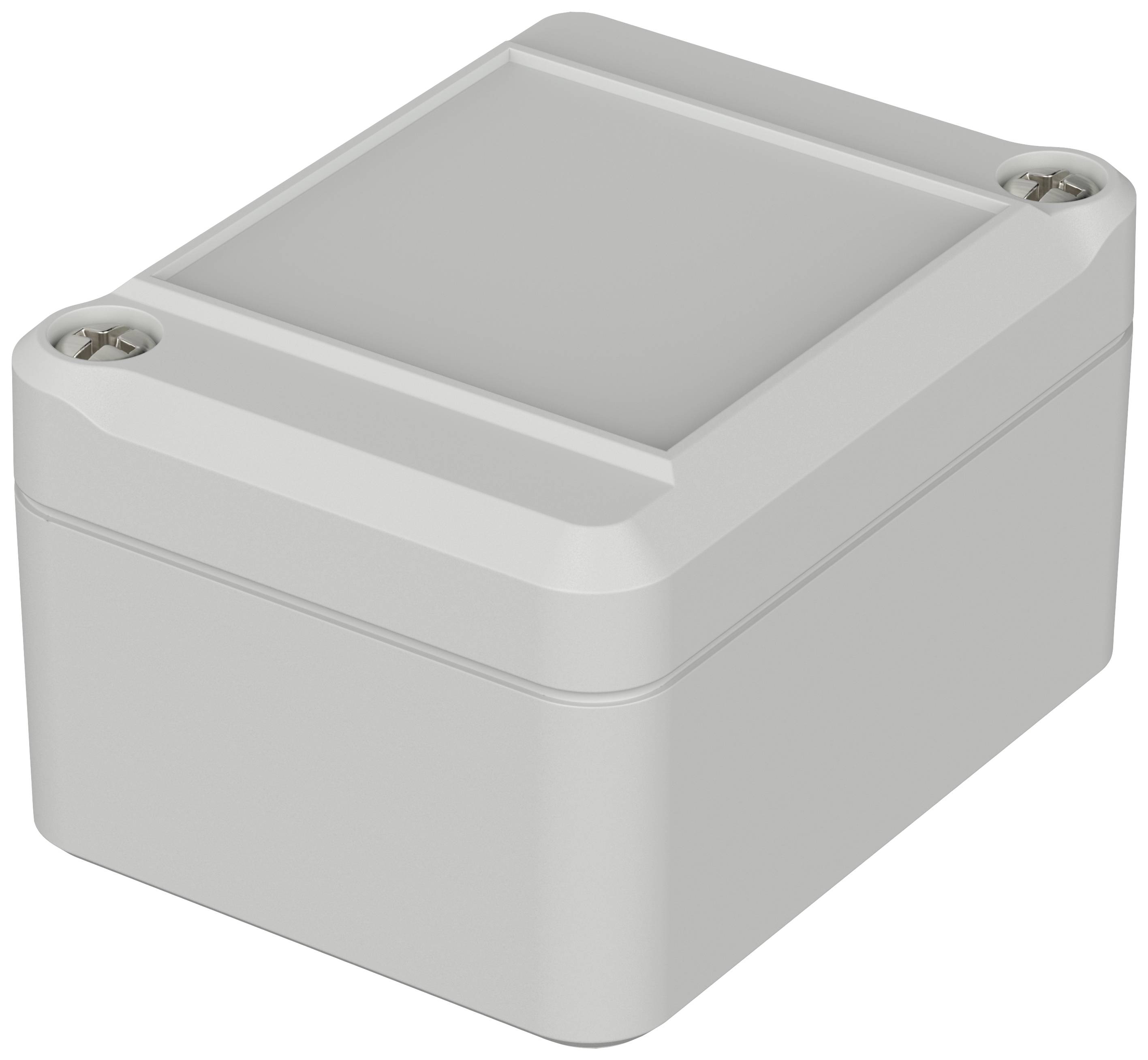 Boîtier en plastique gris, rectangulaire, à surface lisse et bords arrondis, visible du dessus.
