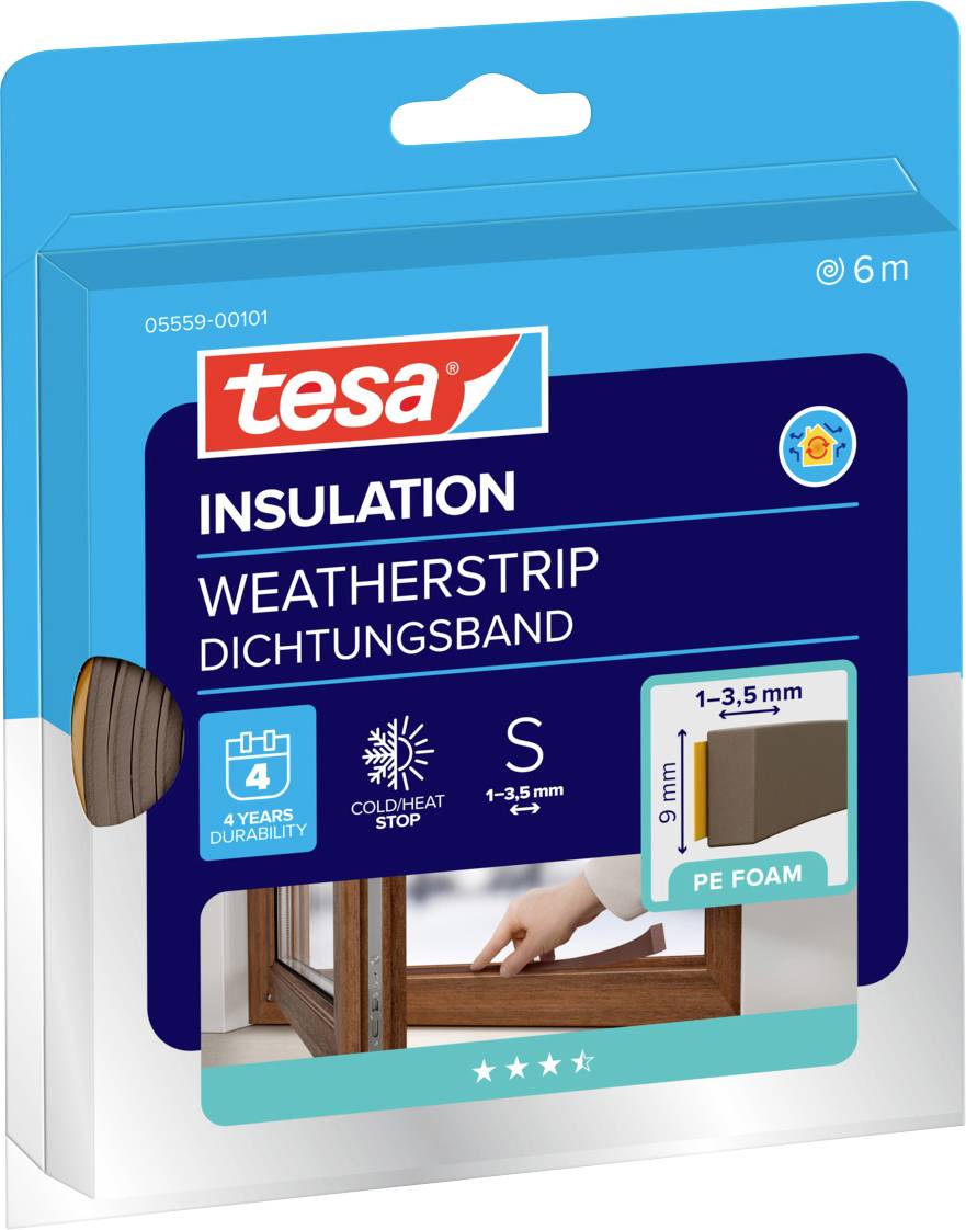 L'image montre un paquet de « tesa Insulation Weatherstrip » pour fenêtres. Il présente une mousse PE, offre une protection contre le froid et la chaleur, taille S, épaisseur 1-3,5 mm et une durabilité de 4 ans.
