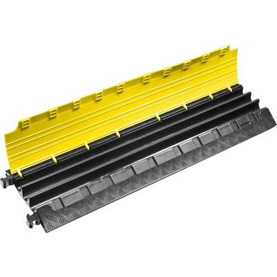 Un protège-câble noir avec un couvercle en plastique jaune qui protège les câbles contre les dommages et évite les risques de trébuchement.
