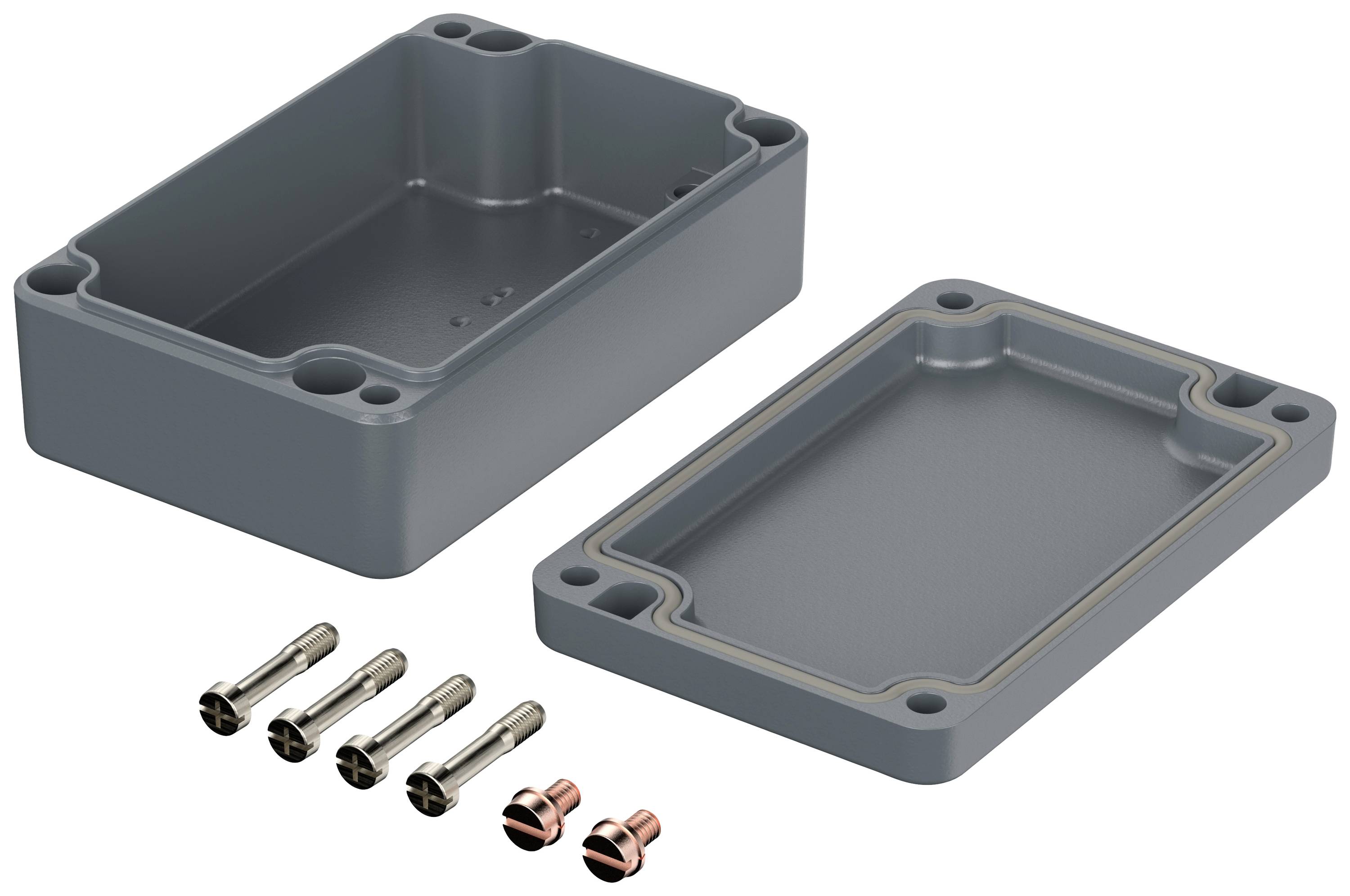 Boîtier en plastique gris-noir, rectangulaire, avec des vis. Une partie est ouverte pour révéler les détails intérieurs.