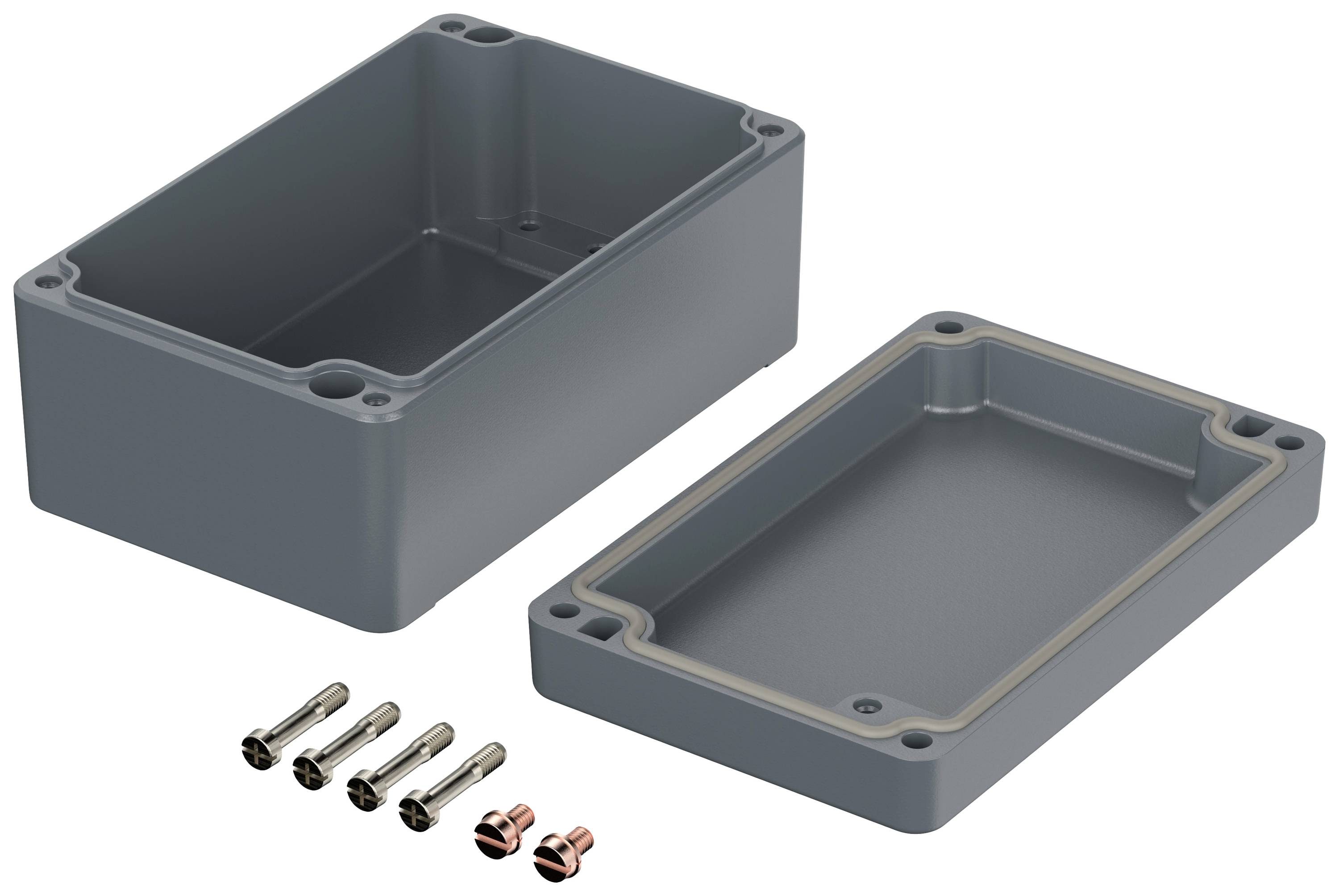 Boîtier rectangulaire en plastique gris en deux parties, ouvert. Quatre vis et deux écrous pour le montage à côté.