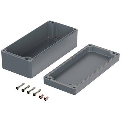 Boîtier rectangulaire gris, ouvert, avec joint de coulée. Cinq vis de fixation en dessous pour le montage.