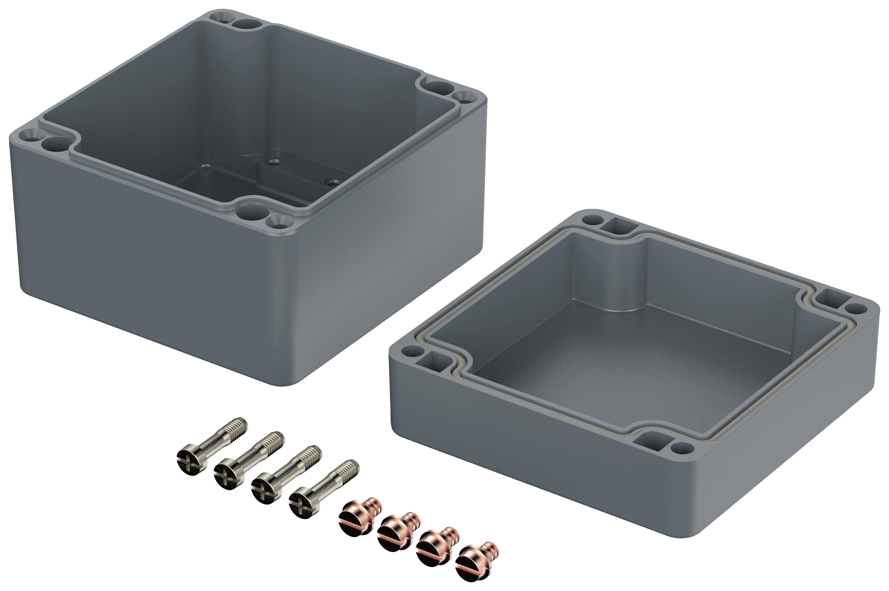 Boîtier rectangulaire gris en plastique avec couvercle amovible, représenté avec des vis et des chevilles. Adapté pour les installations électroniques.